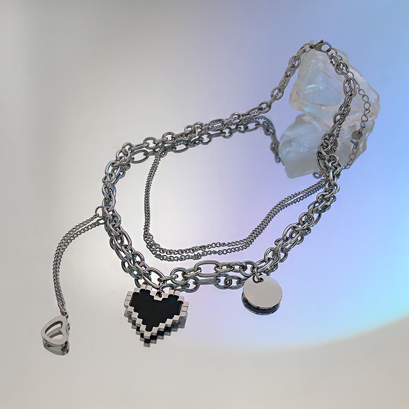 Dây chuyền nhiều lớp màu bạc mặt hình tròn và trái tim phong cách Hàn Quốc thời trang cho nữ