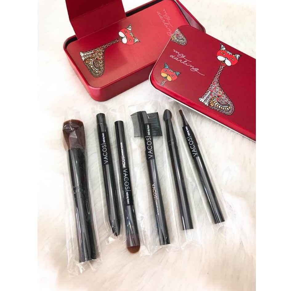 [Đại Lý Vacosi] Bộ Cọ Hộp Sắt Đen - Đỏ Vacosi 6 Cây My Darling Travel Brush Set