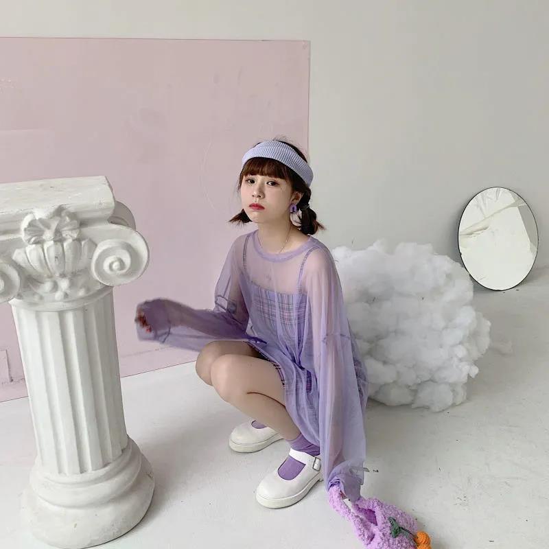 Bộ đầm IELGY màu tím phối lưới thời trang mùa hè phong cách Hàn Quốc cho nữ