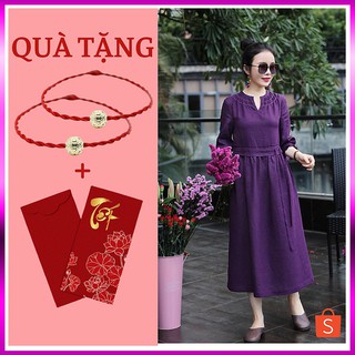 Đầm dáng xoè suông tím cổ v rút eo