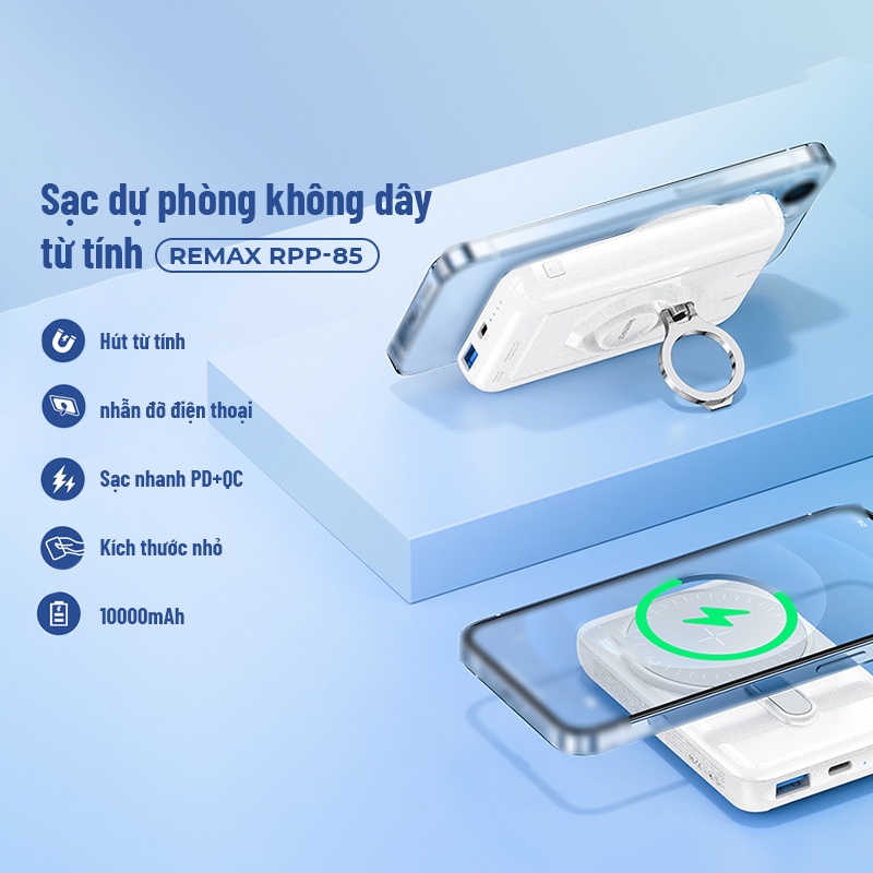 🌟CHÍNH HÃNG 🌟Sạc dự phòng pin tích điện Magnetic Remax RPP 85 10000mAh Hỗ trợ không dây sạc nhanh 22.5W PD QC 20W hút từ