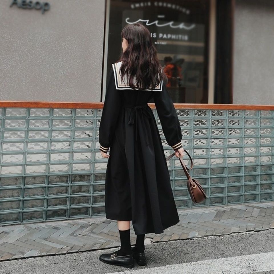 Đầm đen dáng rộng cổ hải quân phong cách Nhật Bản Hàn Quốc thời trang mùa thu cho nữ