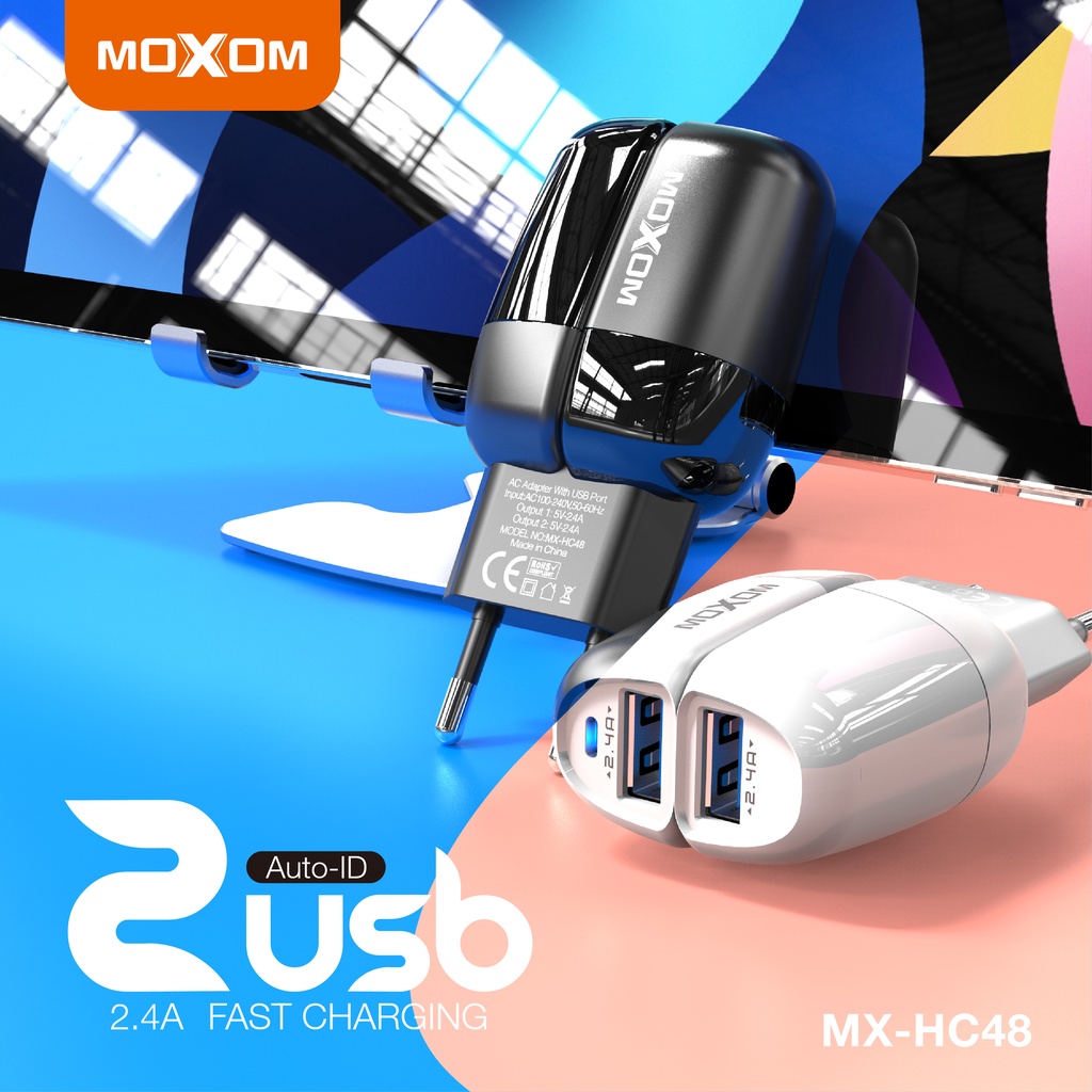 Củ sạc nhanh AUTO-ID MOXOM HC48 2 cổng USB QC 3.0 2.4A sạc nhanh cho iPhone, Samsung, Xiaomi, Huawei, Oppo