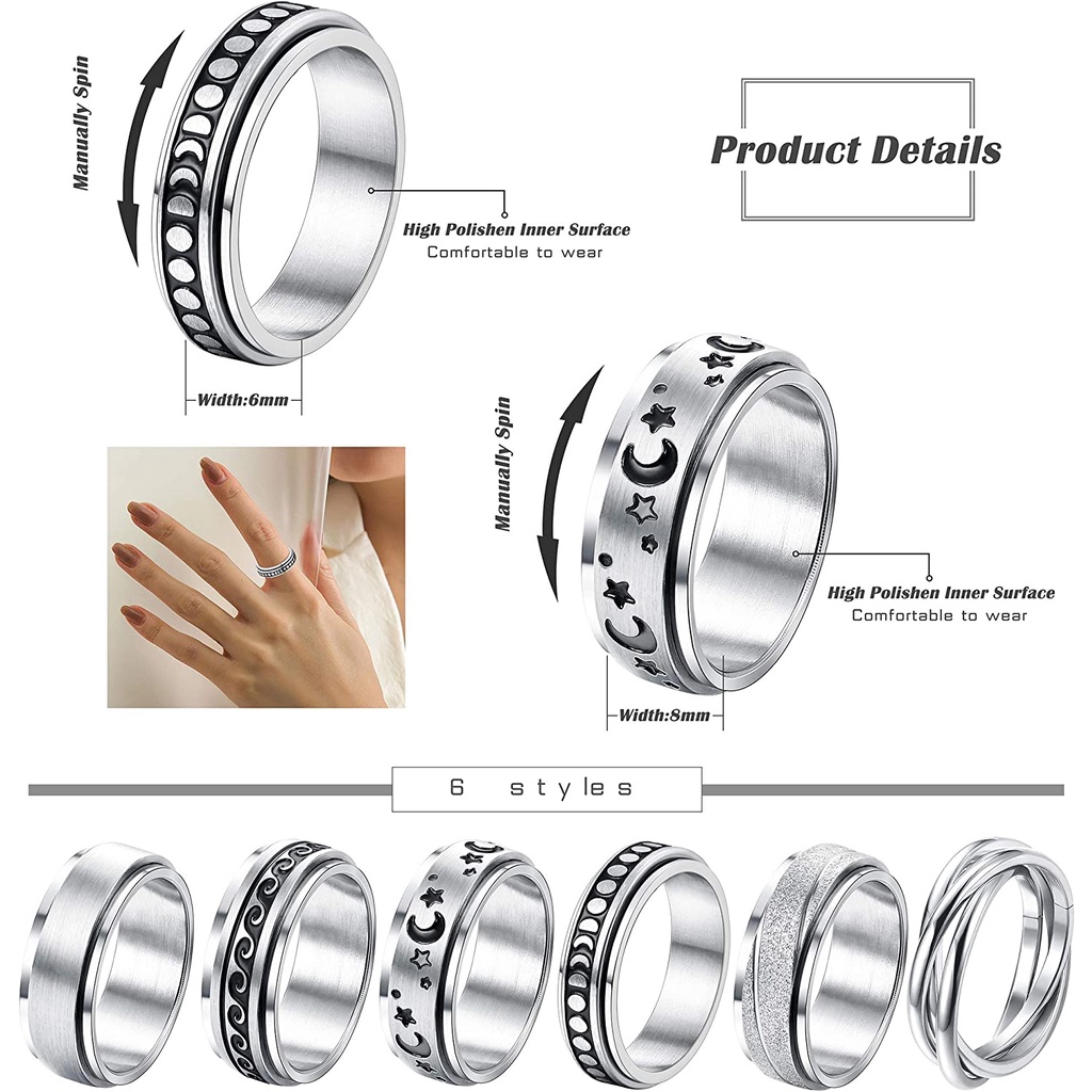 Set 6 Nhẫn Đeo Tay Bằng Thép Không Gỉ Hình Mặt Trăng Ngôi Sao Giúp Giảm Căng Thẳng Size 6