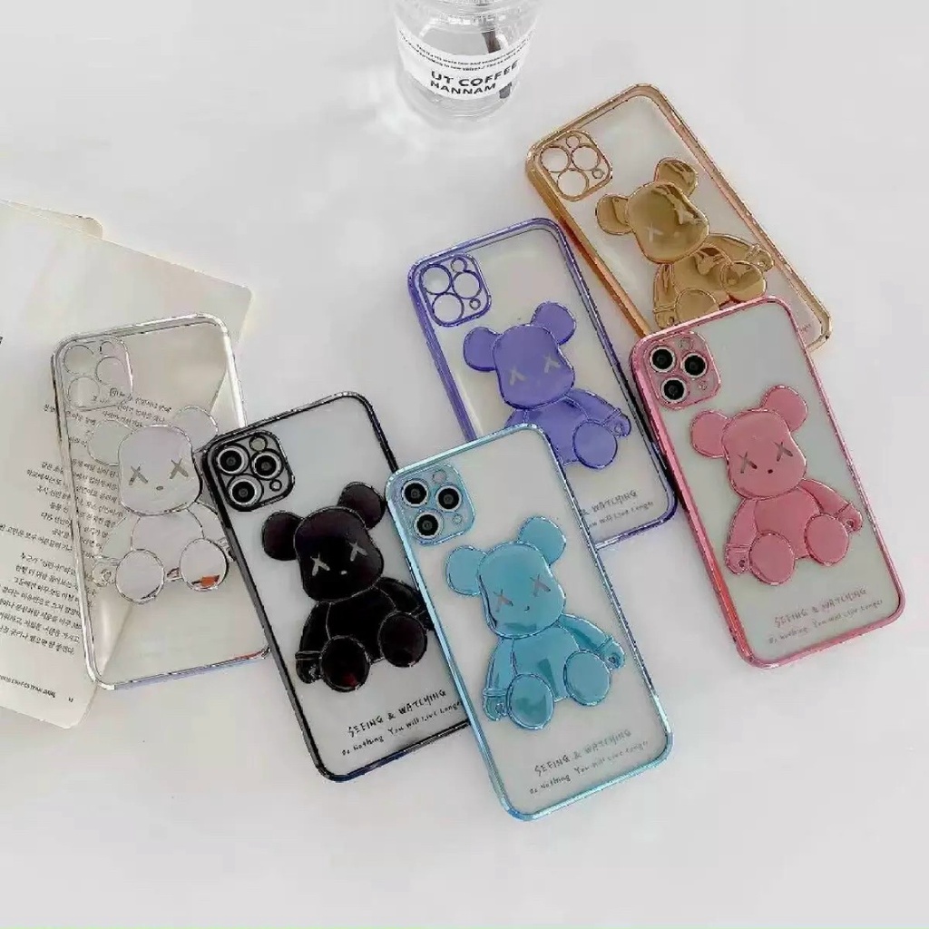 Ốp Ip hình Gấu Bearbrick viền xi Hồng Tím Xanh OP04