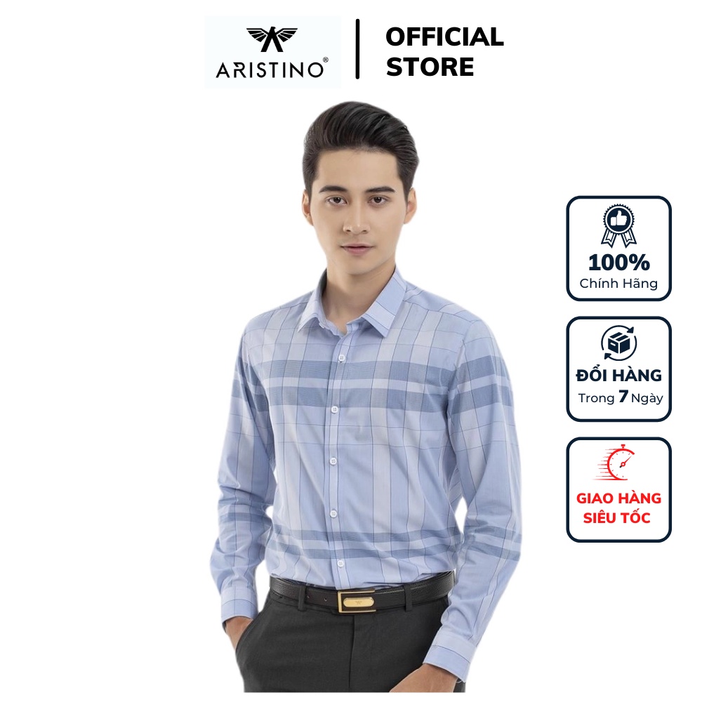 Áo sơ mi công sở nam dài tay Aristino màu xanh da trời caro dáng slim fit không túi vải sợi sồi cao cấp ALS12609