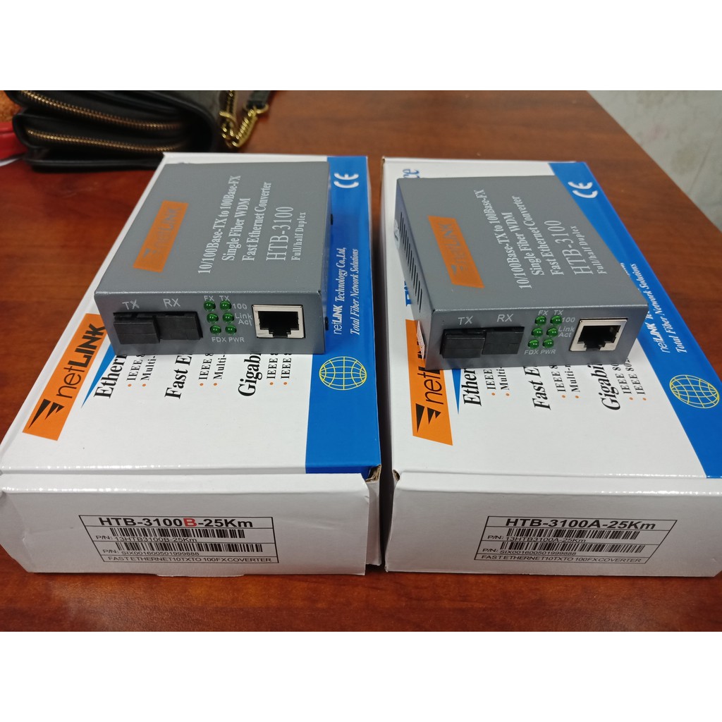 Bộ chuyển đổi quang điện 100MB Netlink,1 sợi quang 25Km Single mode mã HTB 3100S. BH 12 tháng