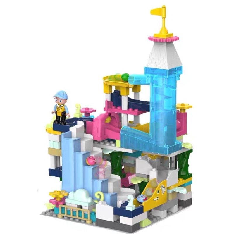 Đồ chơi lego trượt bi mẫu lâu đài có thang máy nâng bi tự động, vui nhộn