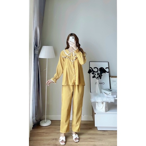 BỘ PIJAMA MẶC NHÀ CHO CHẤT NHUNG TĂM CỔ HAI LÁ CHO BẦU VÀ SAU SINH MẶC THU ĐÔNG SIÊU THÍCH