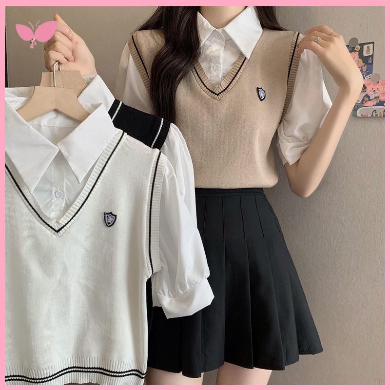 áo len croptop tay dài Áo Thun Polo Ngắn Tay Giả Hai Lớp Phong Cách Preppy Ngọt Ngào Mùa Hè Cho Nữ