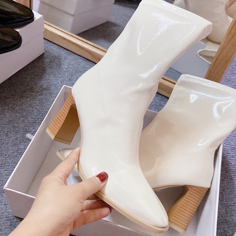 (HÀNG LOẠI 1- ẢNH THẬT) Bốt nữ cổ thấp da bóng đế giả gỗ cao cấp PunShoes.