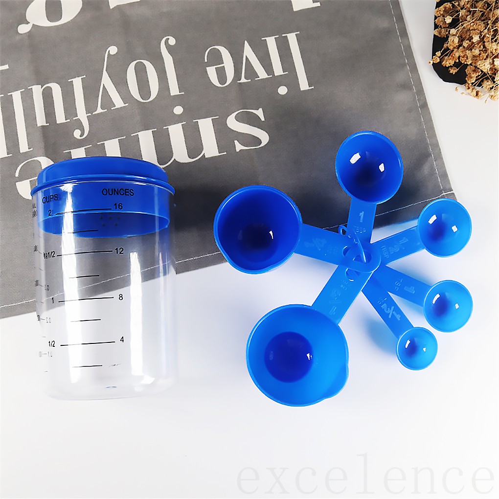 Bộ 7 sản phẩm gồm muỗng và cốc đong 500ml có vạch đo bằng nhựa dùng để làm bánh trong nhà bếp