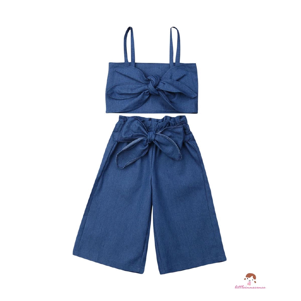 Set áo 2 dây cột nơ + quần dài denim xinh xắn cho bé gái