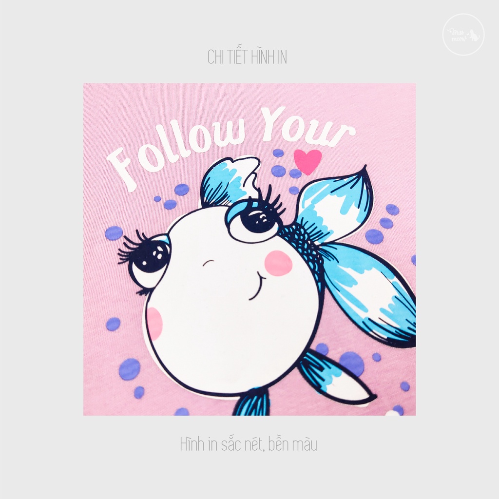 Váy Bé Gái Miss Meow, Đầm Cho Bé Chất Cotton Bèo Gấu In Cá Nhỏ Size Đại 3-11 Tuổi