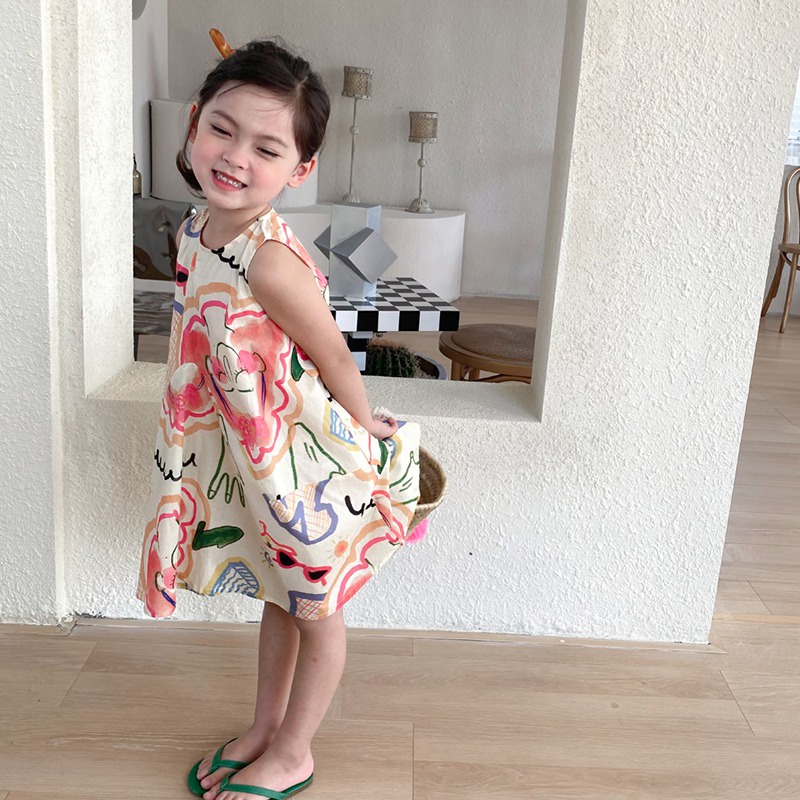 Đầm Sát Nách Cổ Tròn In Họa Tiết Graffiti Phong Cách Hàn Quốc Thời Trang Mùa Hè Cho Bé Gái