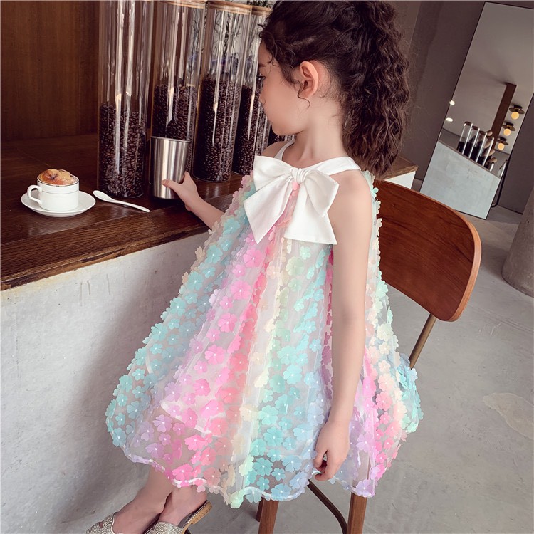 Váy đầm bé gái đính hoa nơ ngực cầu vồng cổ yếm 2 dây hàng cao cấp cực đẹp từ 1-8 tuổi (9-28kg) - Misolkids by huong274