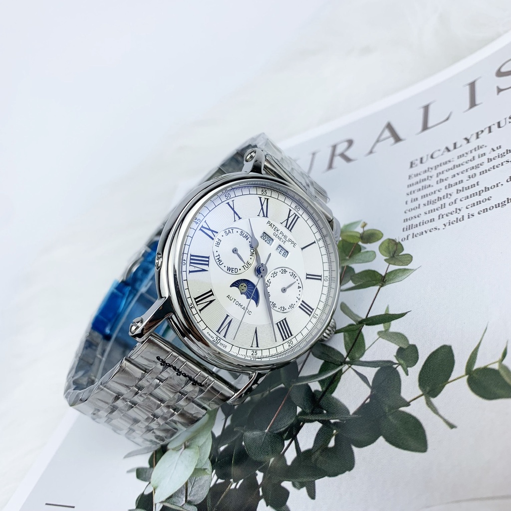 Đồng hồ Nam Patek máy nhật, mẫu Lịch vạn niên mặt trắng viền trắng dây da, dòng cơ Automatic size 41mm-42mm | BigBuy360 - bigbuy360.vn