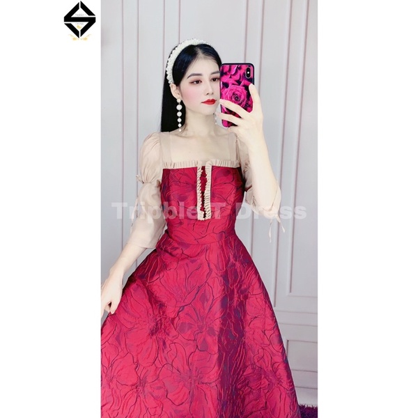 Đầm xoè dự tiệc gấm TRIPBLE T DRESS -size M/L(kèm ảnh thật/video thật)MS273V
