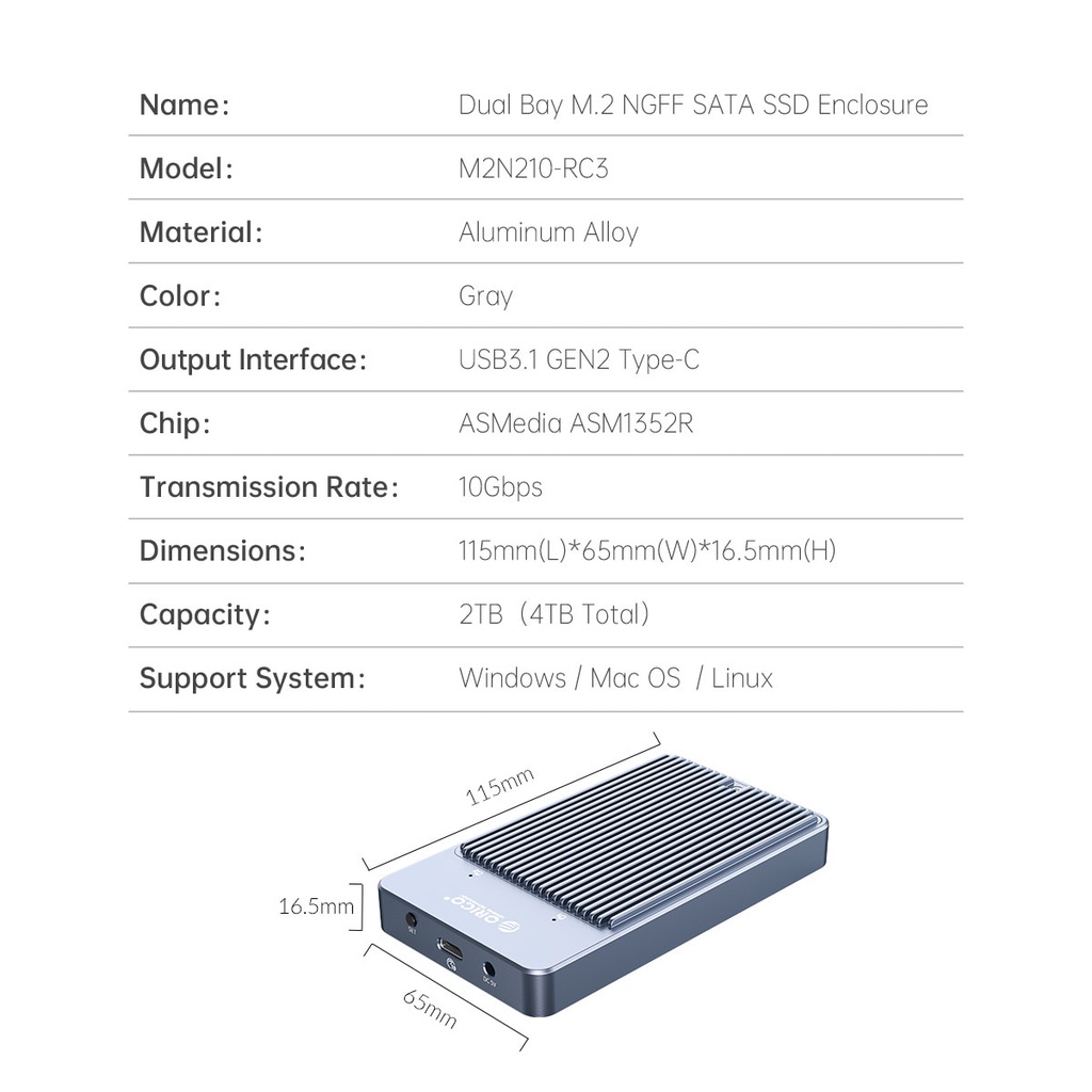Orico lsdt raid dual bay m2 ssd case hỗ trợ m.2 ngff sata ssd disk for b key & b + m key ssd hỗ trợ pm / rad 0 / chế độ rad 1 / jbod