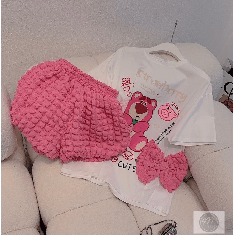 (Free Ship) MẪU HOT SÉT BỘ ÁO COTTON IN HÌNH GẤU PHỐI QUẦN XỐP NHÚN Ô VUÔNG SIÊU DỄ THƯƠNG ĐƯỢC CHỊ EM SĂN ĐÓN UP Shop V