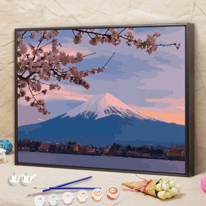 Tự làm tranh sơn dầu kỹ thuật số hoa phong cảnh Nhật Bản núi Phú Sĩ anh đào bức vẽ tay phòng khách trang trí lớn