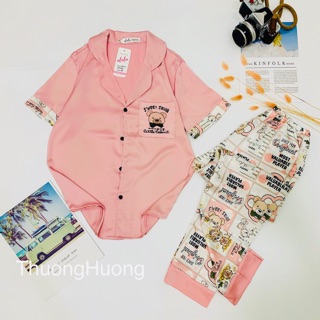 Pyjama Lụa Áo Cộc Quần Dài Hoạ Tiết Dễ Thươngo