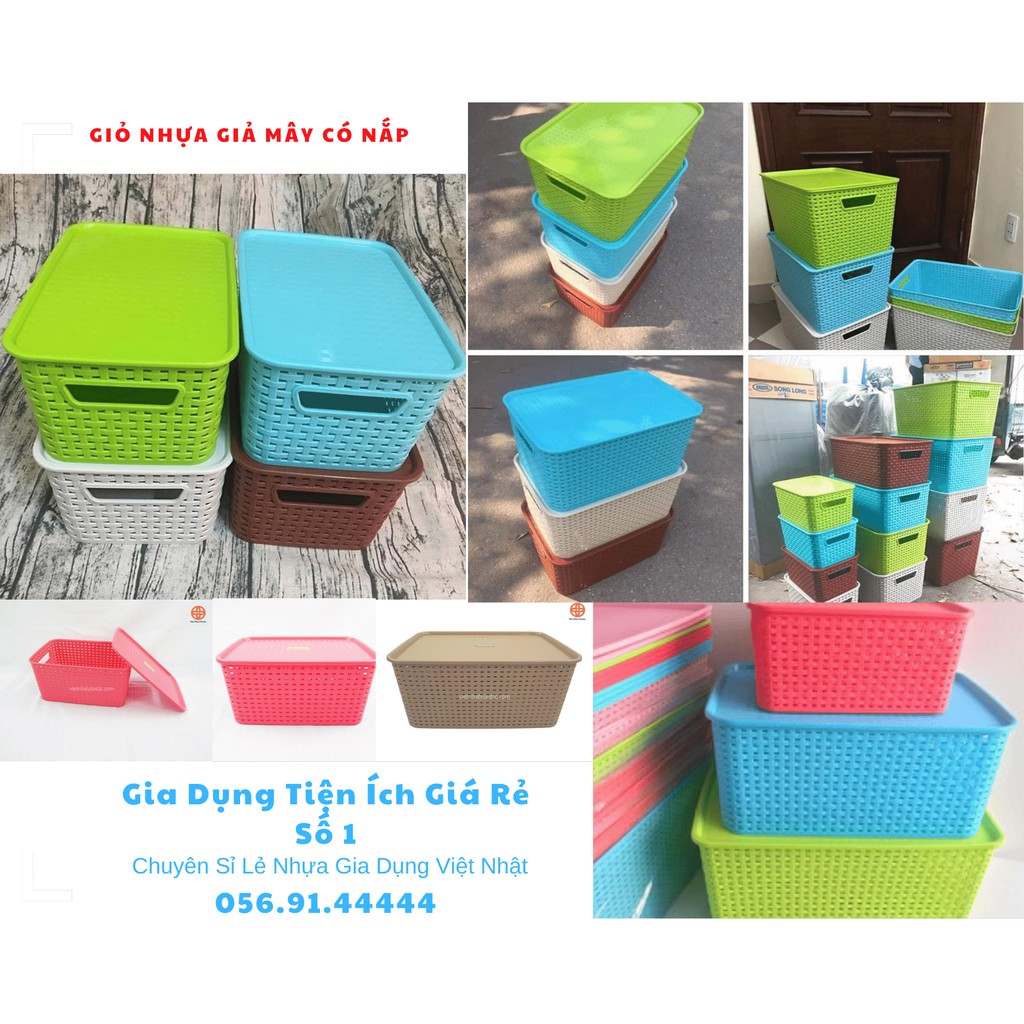 Combo 2 giỏ nhựa đan giả mây đựng đồ kiểu Hàn Quốc có nắp size đại hãng Việt Nhật,  - Thùng nhựa đan nhiều màu
