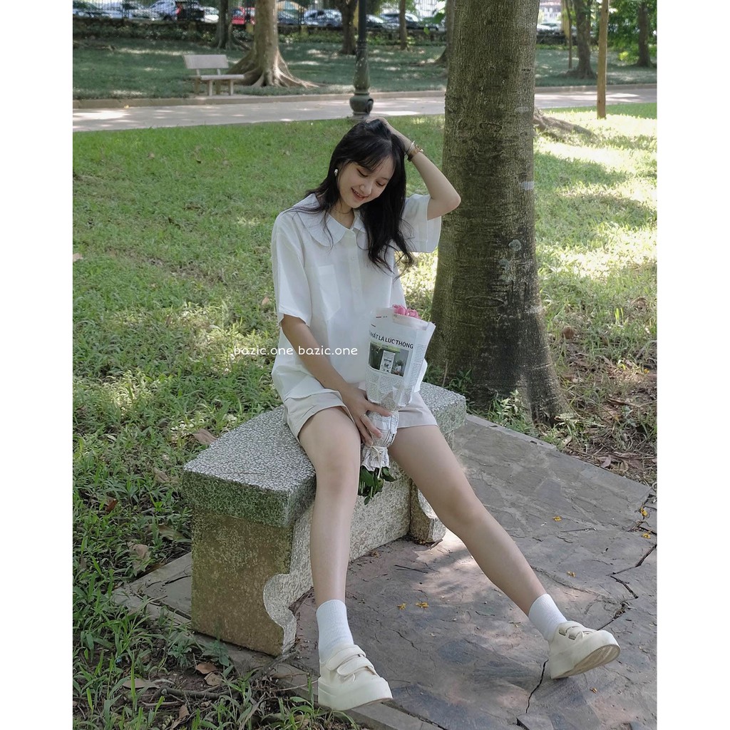 Áo sơ mi nữ cổ sen túi ngực Cheapy tay ngắn form rộng chất đũi xanh trắng đẹp kiểu Hàn Quốc C471