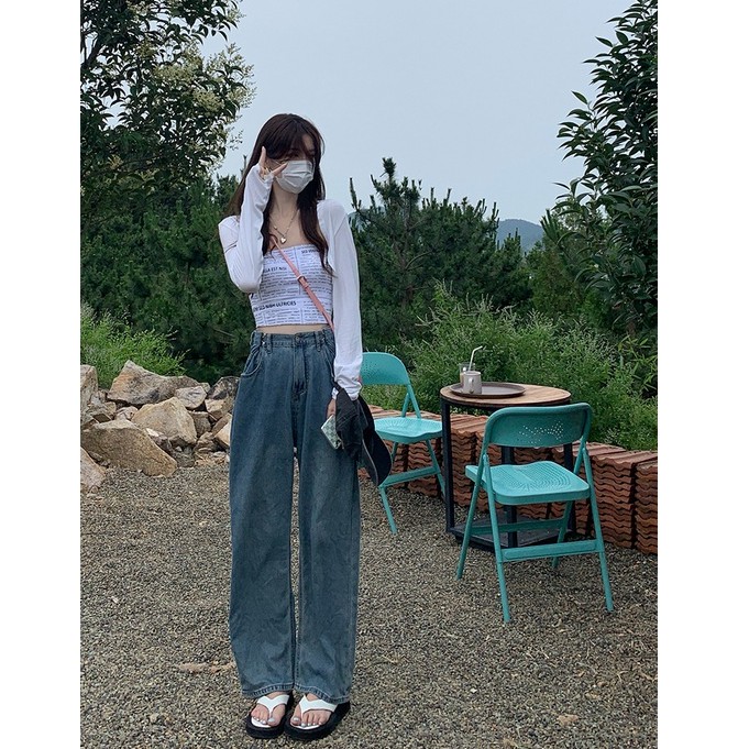 Quần jeans dài ống rộng thời trang phong cách Hàn Quốc cho nữ