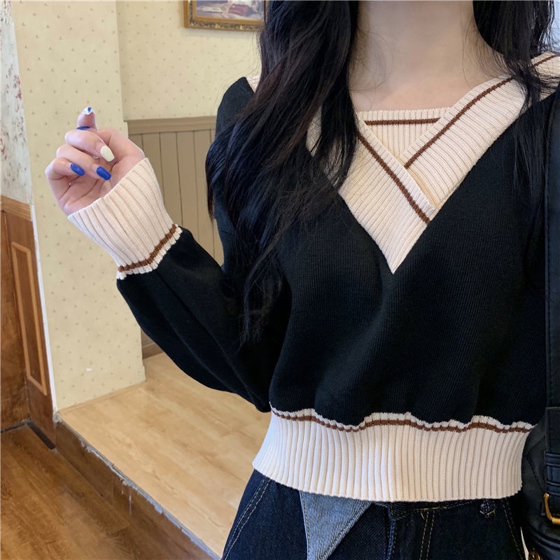 Áo Len Tay Dài Cổ Chữ V Giả Hai Lớp Thời Trang Mùa Thu Mới Dành Cho Nữ