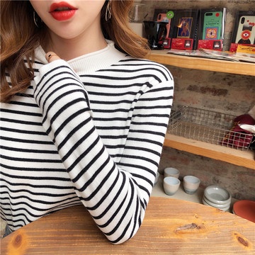 Áo sweater cổ cao tay dài dáng vừa vặn kẻ sọc kiểu Hàn Quốc cho nữ