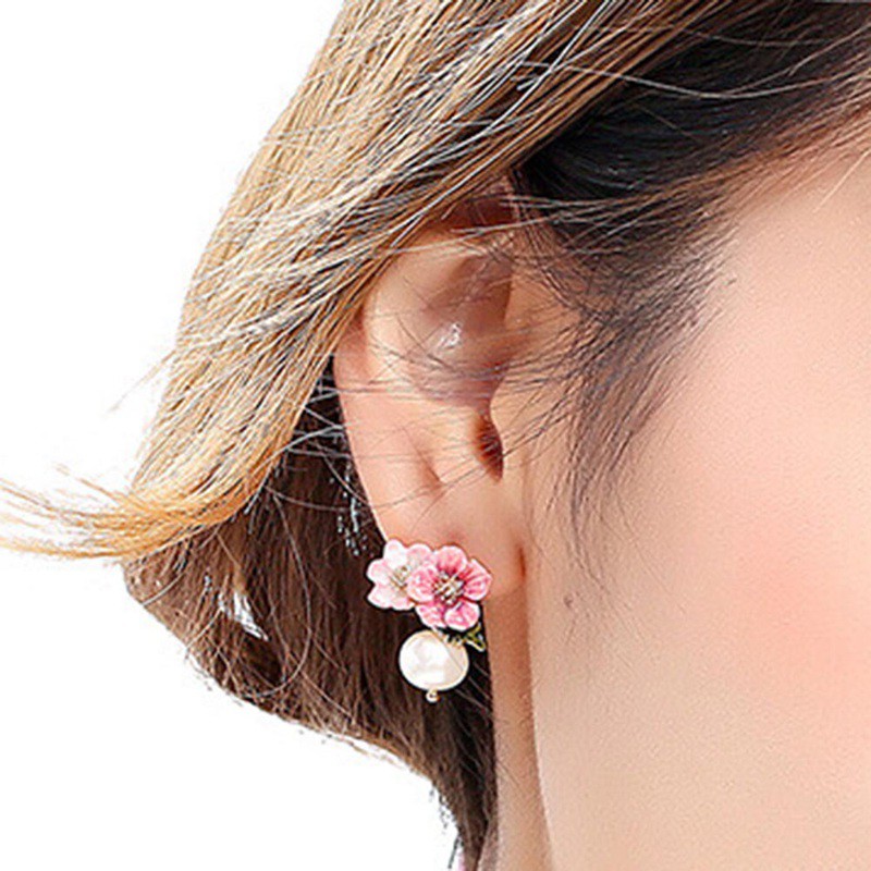 Bông tai mặt hình bông hoa đính đá và ngọc trai thanh lịch cho nữ