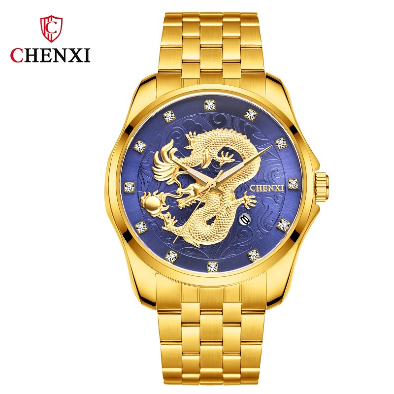Đồng Hồ Quartz Chexi Dragon Dập Nổi Chất Liệu Thép Không Gỉ Mạ Vàng 8220