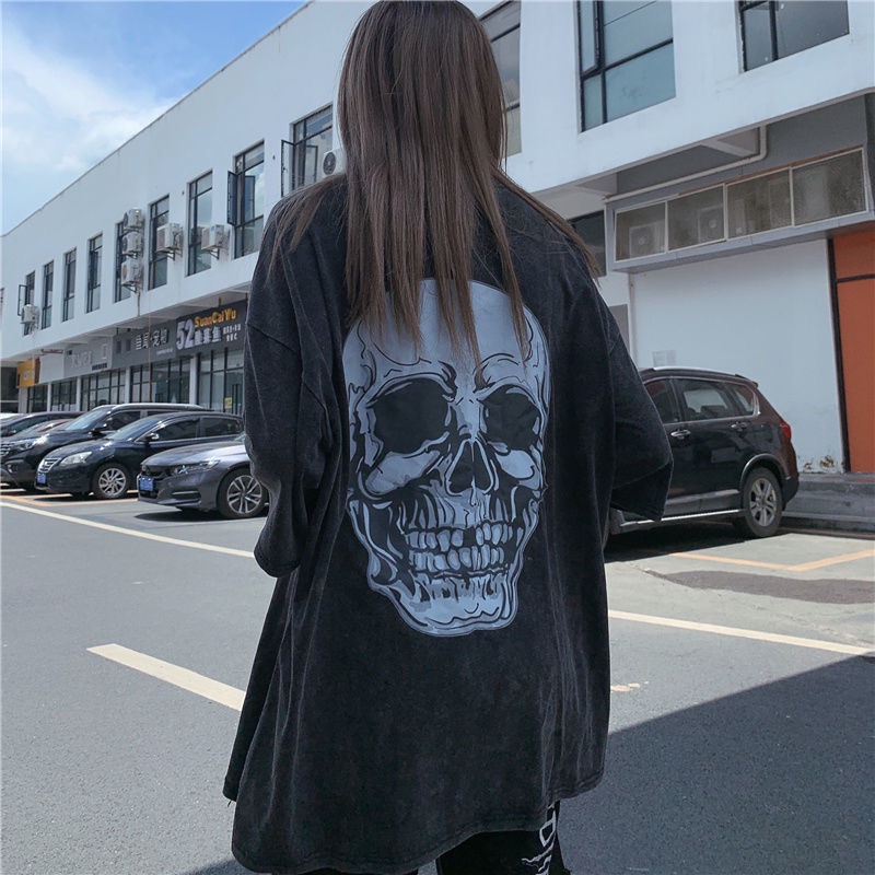 Áo Thun In Hình Đầu Lâu Phong Cách Harajuku Cổ Điển Thời Trang Mùa Hè Unisex Y2k Grunge
