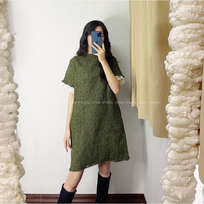 Váy dạ TWEED tay phối bèo có túi