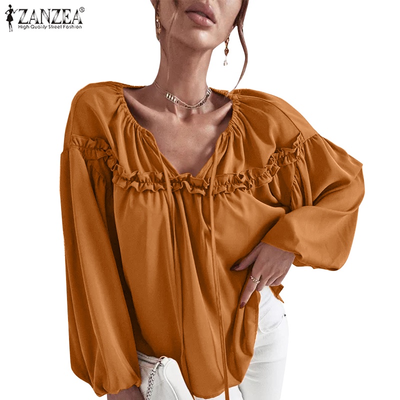 ZANZEA Áo Kiểu Nữ Dài Tay Cổ Tròn Cột Dây Thời Trang Châu Âu