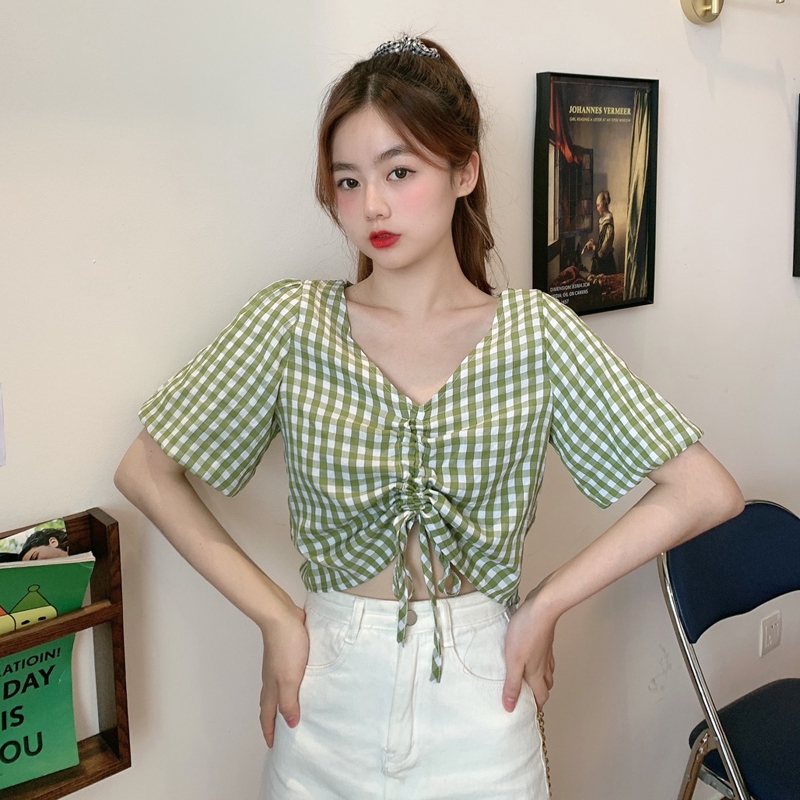 Áo croptop tay phồng kẻ sọc caro phong cách Hàn Quốc trẻ trung cho nữ | BigBuy360 - bigbuy360.vn