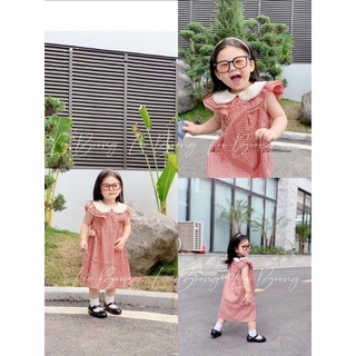 Váy kẻ đỏ phối cổ trắng tay bèo cho bé gái