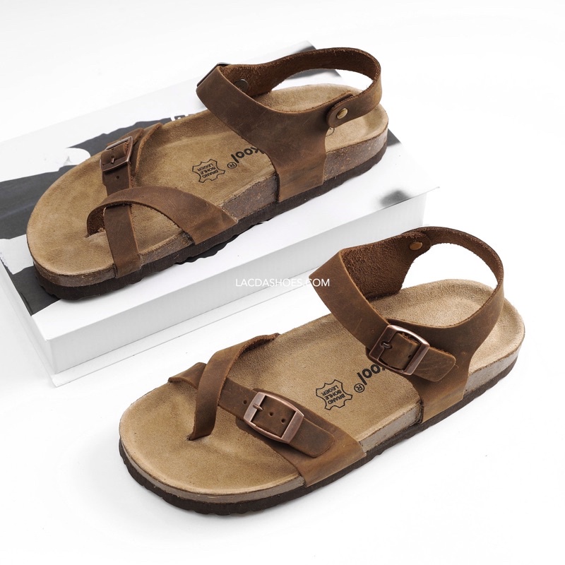 Sandal xỏ ngón da bò thật đế trấu birken