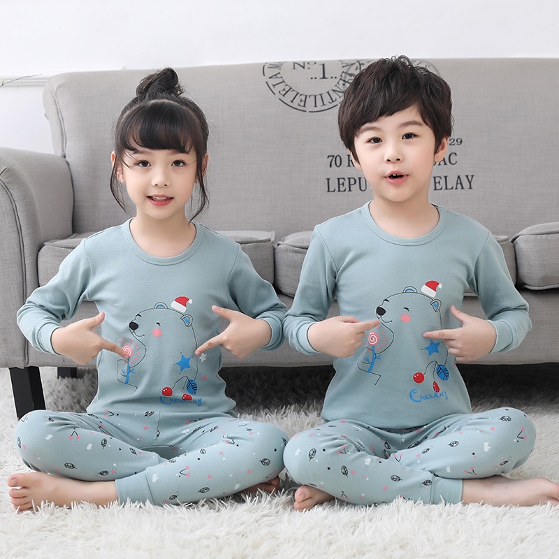 Bộ đồ ngủ chất liệu 100% cotton in họa tiết hoạt hình hợp thời trang xinh xắn dành cho bé trai và bé gái