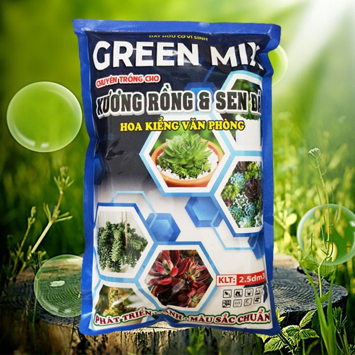 Đất trồng xương rồng sen đá, cây kiểng văn phòng - Phân hữu cơ vi sinh Green Mix - gói 2dm3