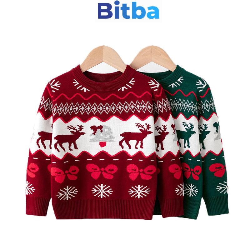 Áo len bé gái quảng châu màu đỏ họa tiết noel giáng sinh cho trẻ em 2 đến 7 tuổi BITBA