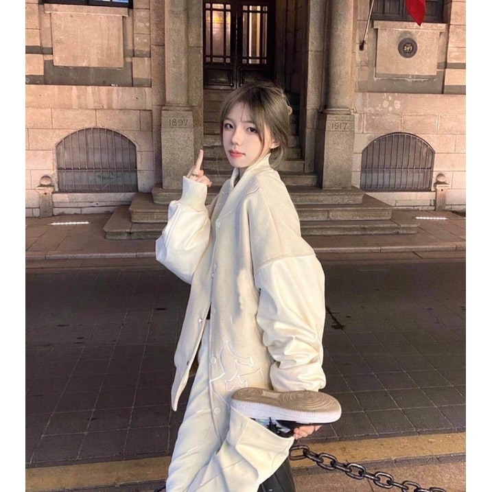 Áo Khoác Bomber thu đông nam nữ- Áo Jacket phối tay da hình thêu 2 mặt chất dày 1 lớp form thụng tay bồng Ulzzang unisex | BigBuy360 - bigbuy360.vn