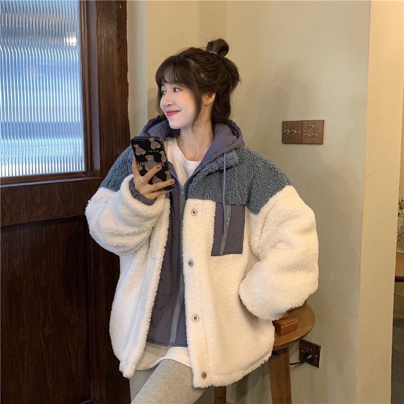 Áo khoác ZHELIHANGFEI lông cừu giả dáng rộng phong cách đi học thời trang trẻ trung