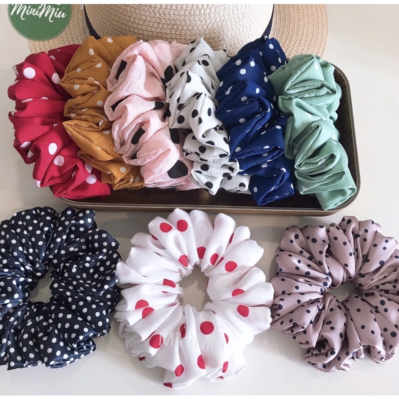 Dây buộc tóc Scrunchies handmade chấm bi nhiều màu, bản rộng 5cm, độ nhún dày chun co giãn tốt