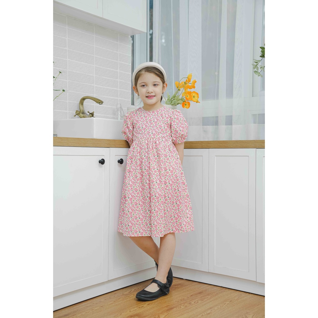 Váy babydoll cộc tay vải thô hoa nhí CRABIE bé gái - Jolie dress - Hoa nhí hồng