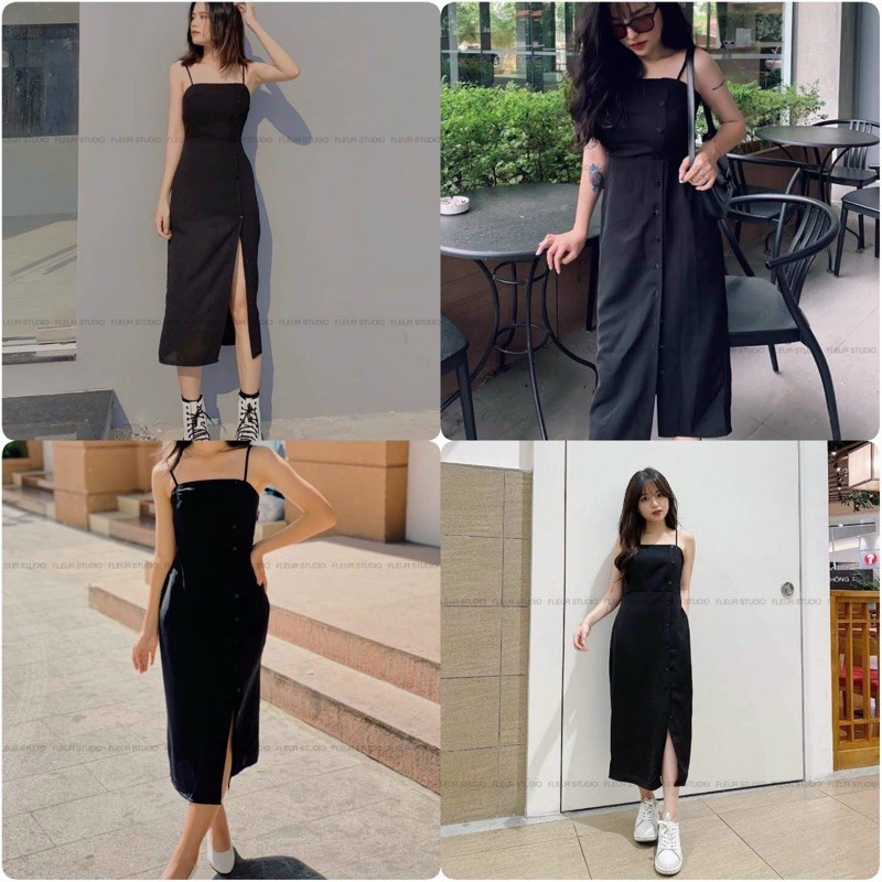 Đầm BamBi dress hai dây màu đen from suông basic vải lụa mịn điểm nhấn hàng nút có chun co giãn và váy có điều chỉnh