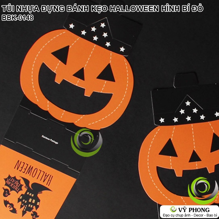 SET 8 BAO BÌ TÚI NHỰA ĐỰNG BÁNH KẸO HALLOWEEN BÌA CỨNG IN HÌNH PUMKIN TÚI ĐỰNG QUÀ LỄ HỘI MA QUỶ HÌNH BÍ NGÔ BBK-0148