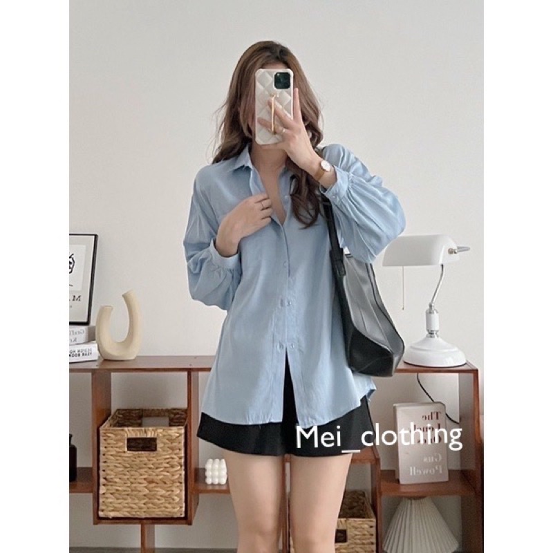 Áo sơmi trơn Hàn Quốc dáng rộng tay bồng basic