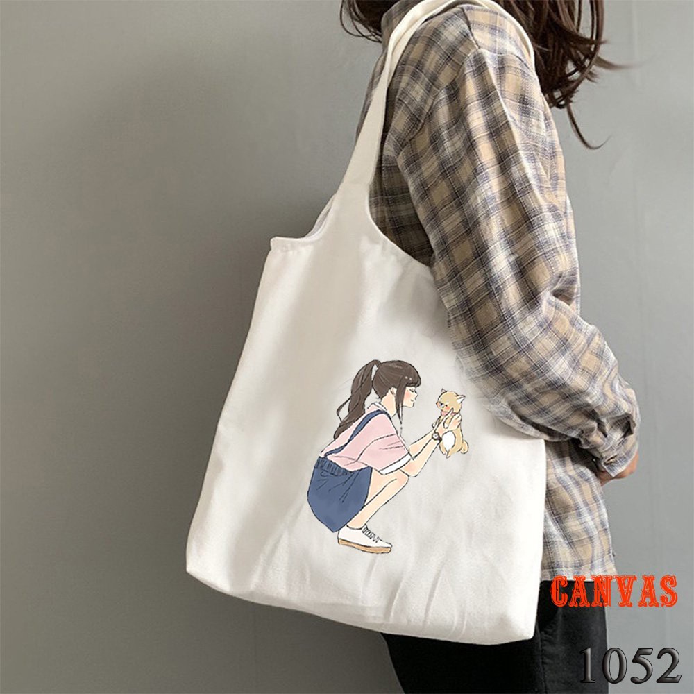 TÚI TOTE TRẮNG CHẤT VẢI CANVAS 1052 HER AND CAT DỄ THƯƠNG HÀNG CHUẨN ĐẸP